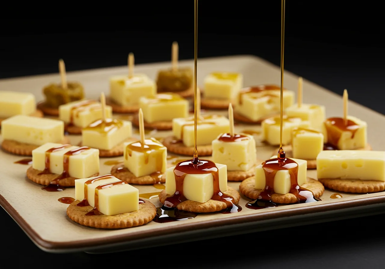 Enhancing the flavor of Cinderella Jaq and Gus's Cheese and Cracker Bites with a drizzle of olive oil or balsamic glaze for a beautiful finishing touch.