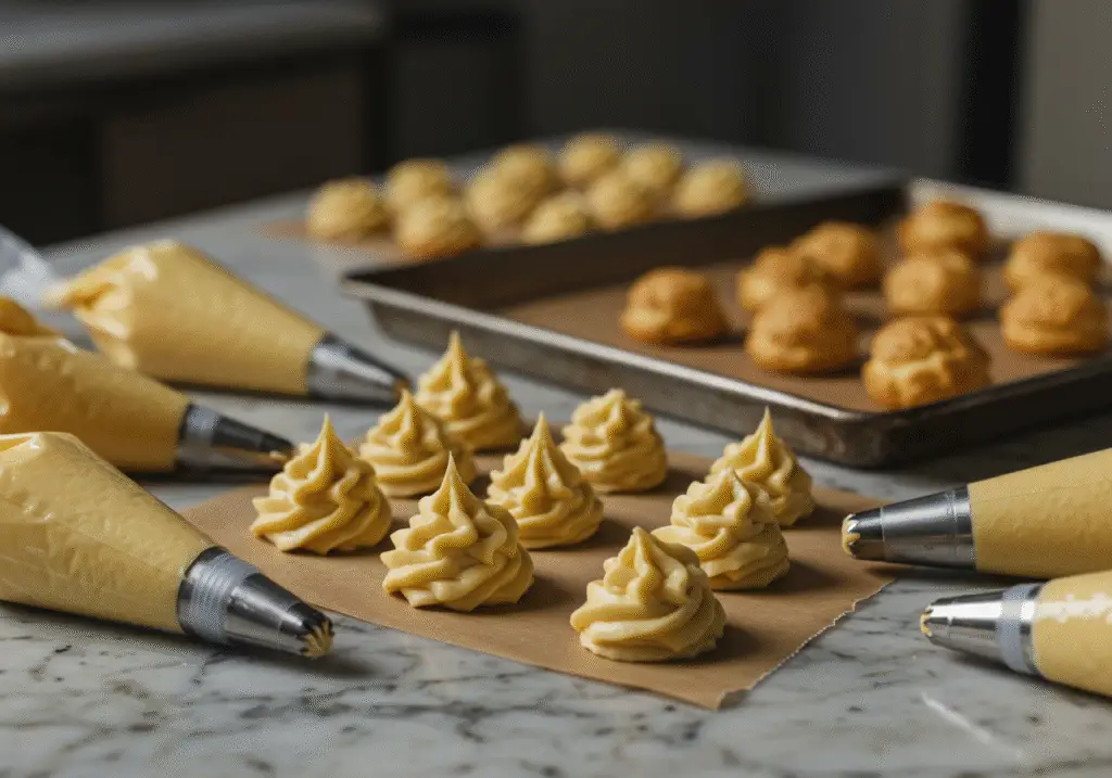 Piping bags prepared for shaping éclairs in the making of Downton Abbey Lady Mary's Elegant Éclairs, featuring a classic marble countertop.