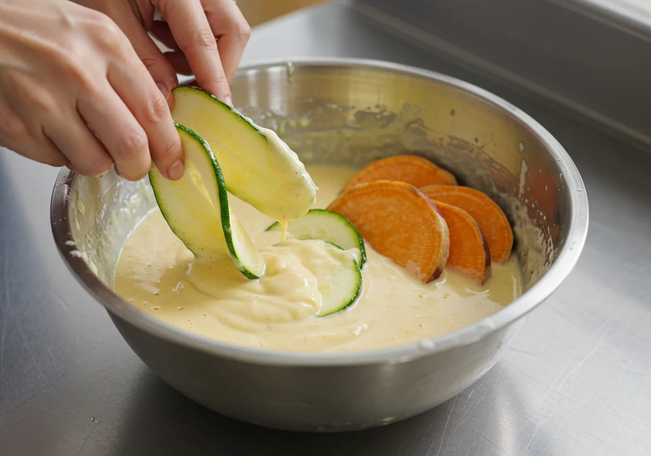 Dipping fresh zucchini and sweet potato slices into tempura batter for Dragon Ball Master Roshi's Turtle School Tempura in a tidy kitchen setting.