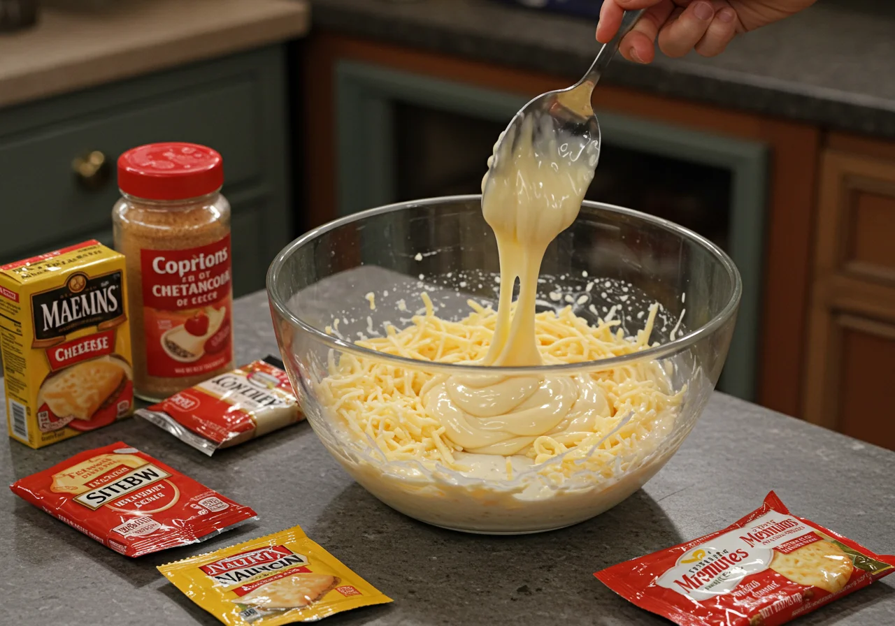 Preparing the cheesy sauce for Friends Monica's Messy Apartment Mac and Cheese in a playful kitchen setting.