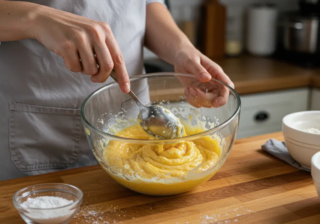 Mixing ingredients for delicious Frozen Marshmallow's Mighty Meatless Meatballs in a cozy kitchen.