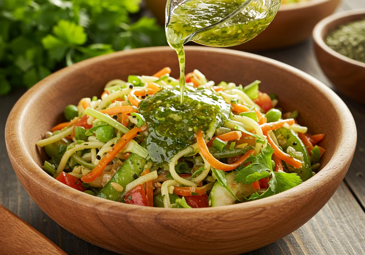 Adding a flavorful herb dressing to Frozen Northuldra Nature Noodle Salad for enhanced taste.