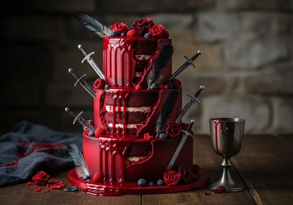 Beautifully displayed Game of Thrones Red Wedding Red Velvet Cake with cream cheese frosting and roses, perfect for a themed celebration.