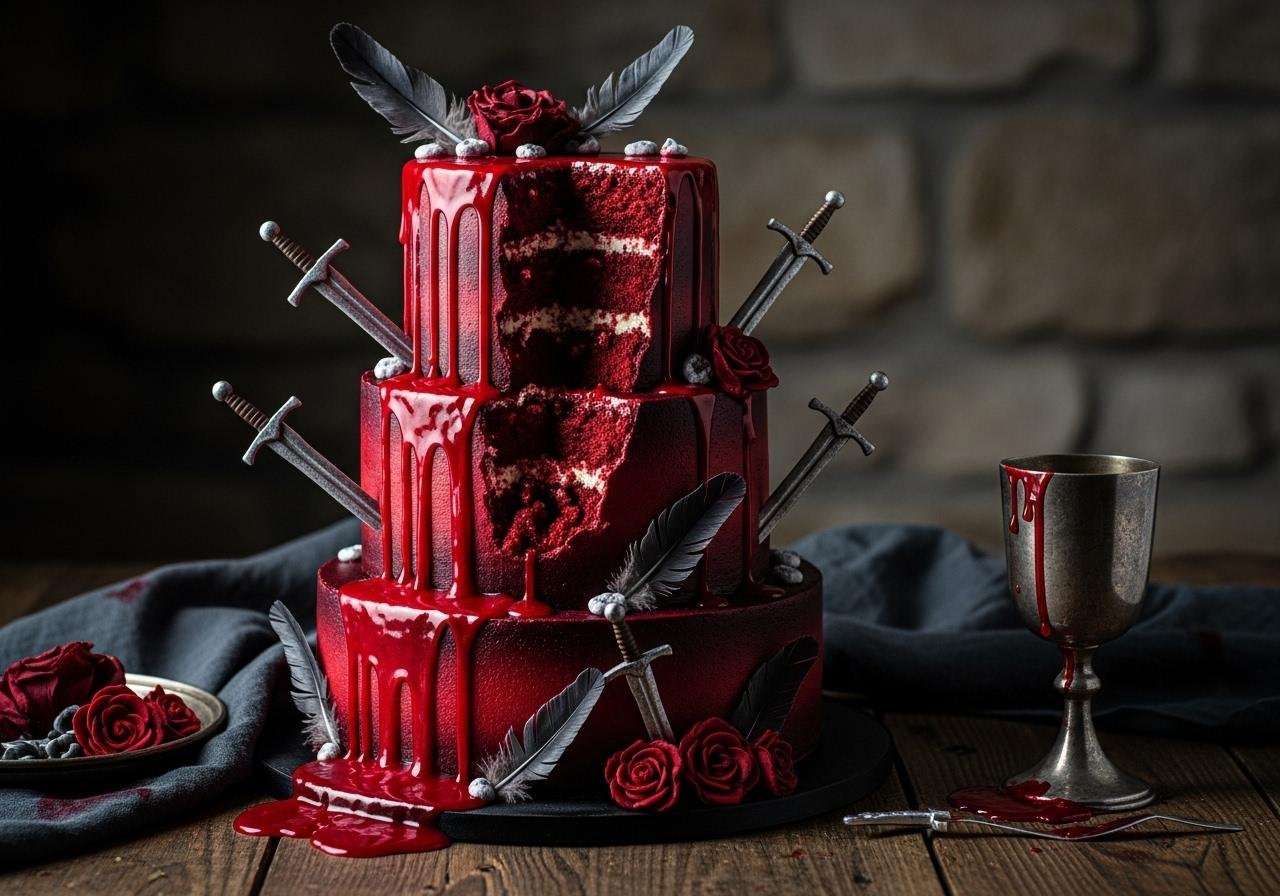 Beautifully displayed Game of Thrones Red Wedding Red Velvet Cake with cream cheese frosting and roses, perfect for a themed celebration.