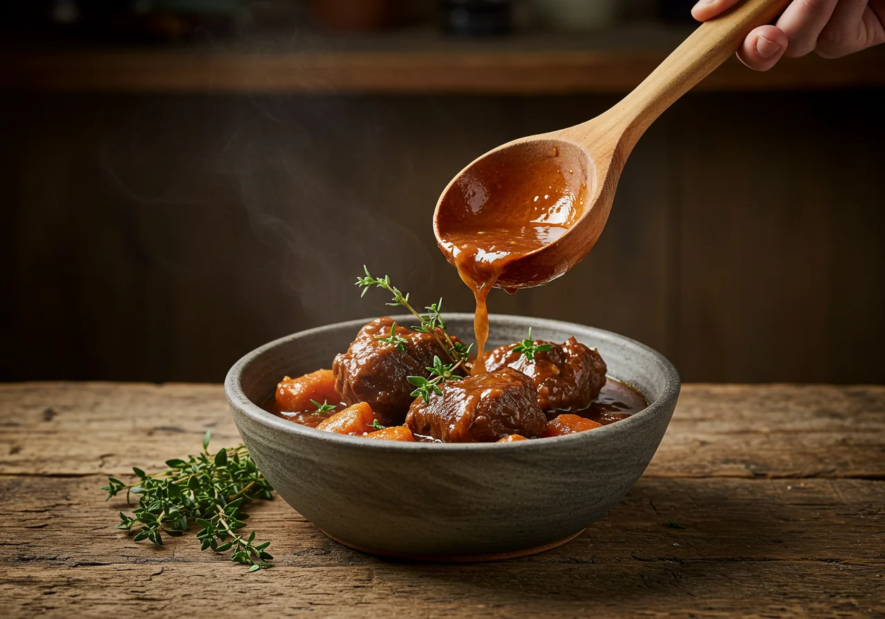 Serving Game of Thrones Winterfell Lamb Stew in a ceramic bowl, highlighting the hearty and aromatic details of the dish.