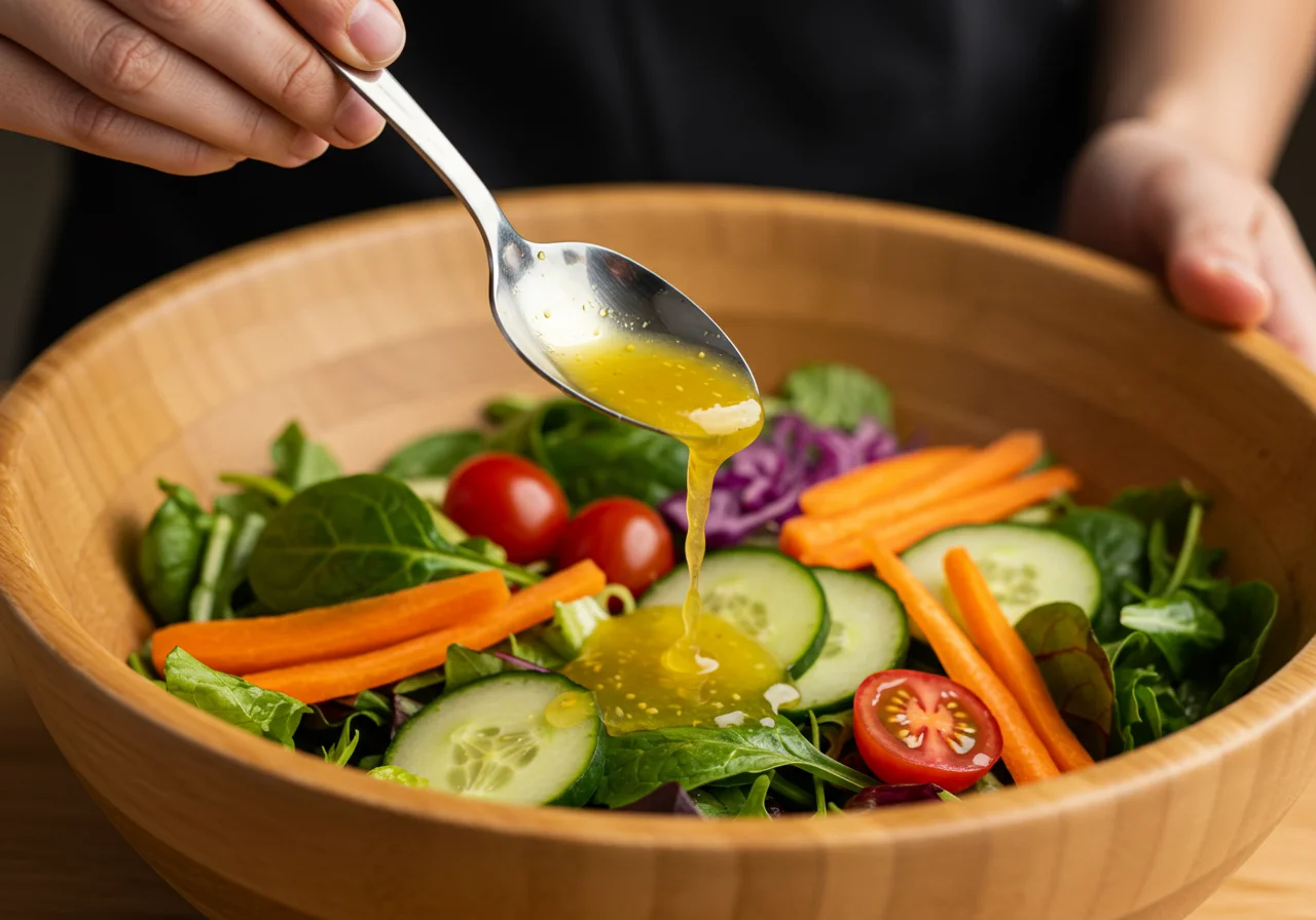 Dressing application on the Ghosted Ana de Armas's Secret Agent Salad to enhance flavors with citrus vinaigrette.