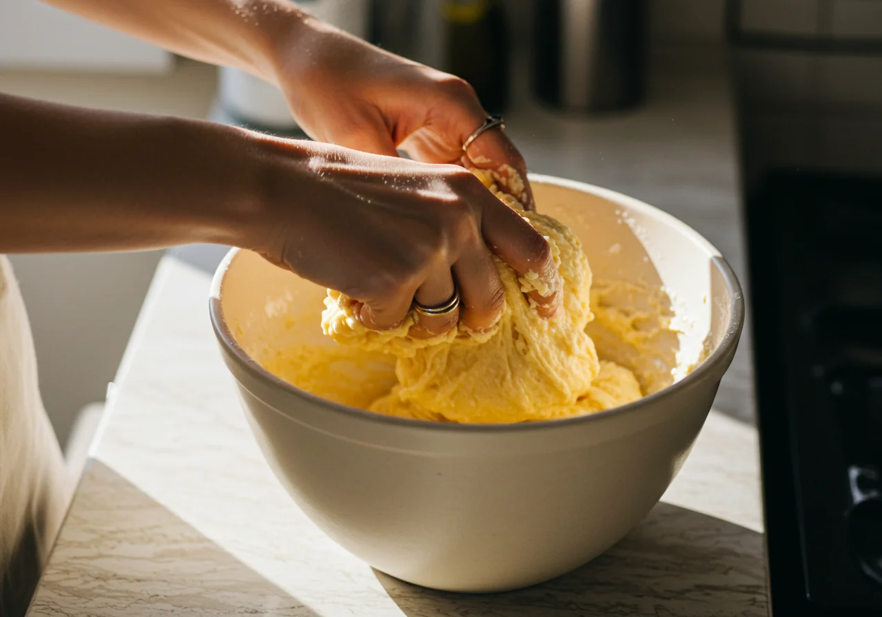 Folding batter for Harry Potter Butterbeer non-alcoholic Cupcakes made from combined dry and wet ingredients.