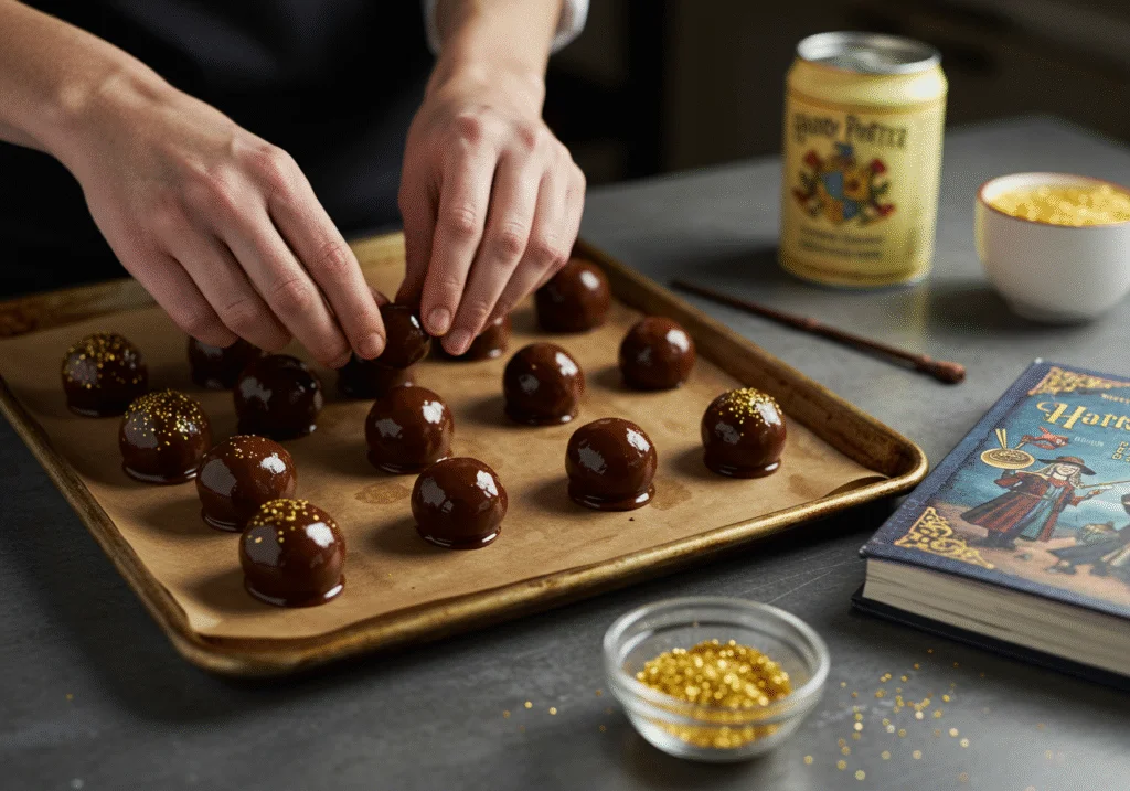 Shaping cake pops into golden spheres for Harry Potter Golden Snitch Cake Pops with glittery decorations.