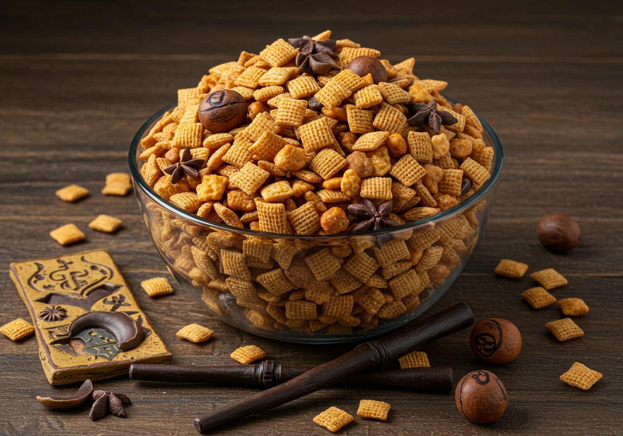 Final presentation of Harry Potter Sorting Hat Snack Mix in a decorative bowl, perfect for a magical themed party or movie night.