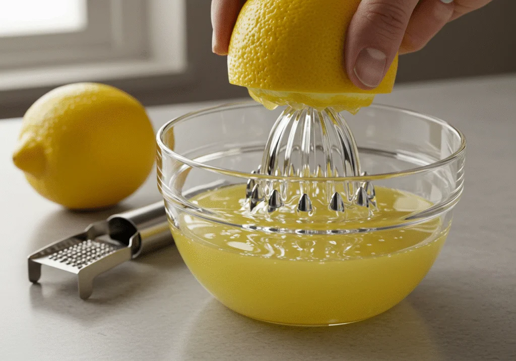 Juicing fresh lemons for How I Met Your Mother The Yellow Umbrella Lemon Bars, ensuring the perfect base for the tart filling.
