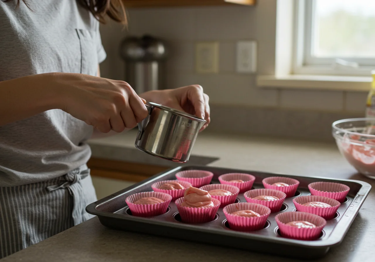 Filling cupcake liners with pink batter for Lilo and Stitch Cobra Bubbles' Bubblegum Cupcakes ready for baking.