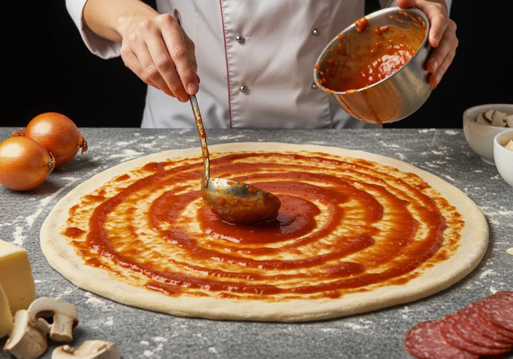 Spreading tomato sauce on Lilo and Stitch Pineapple Paradise Pizzas, showcasing vibrant ingredients like onions and mushrooms.