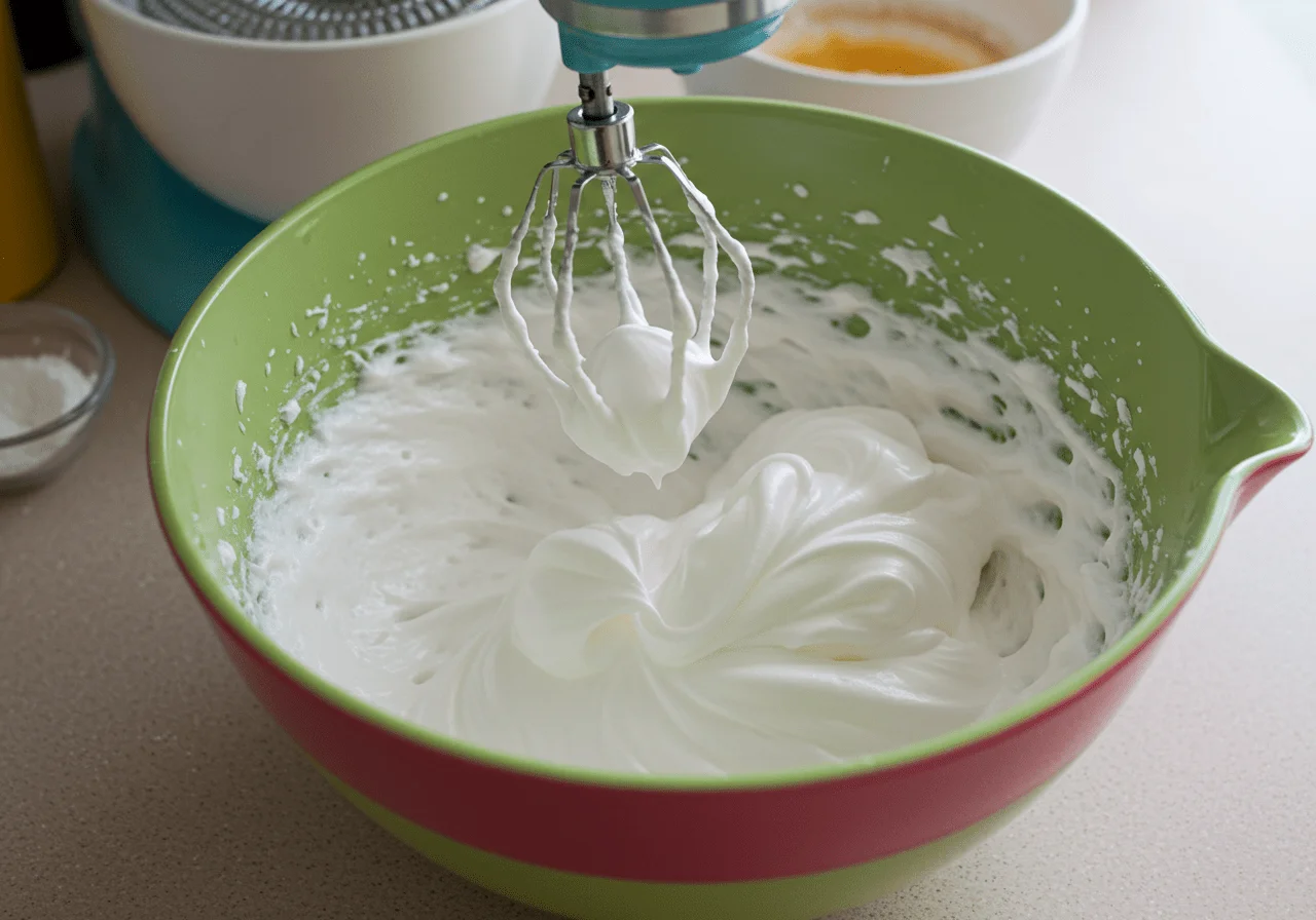 Whipped egg whites ready for Little Women Emma Watson's Meg March's Marvelous Macaroon Medley, showcased in a bright kitchen.