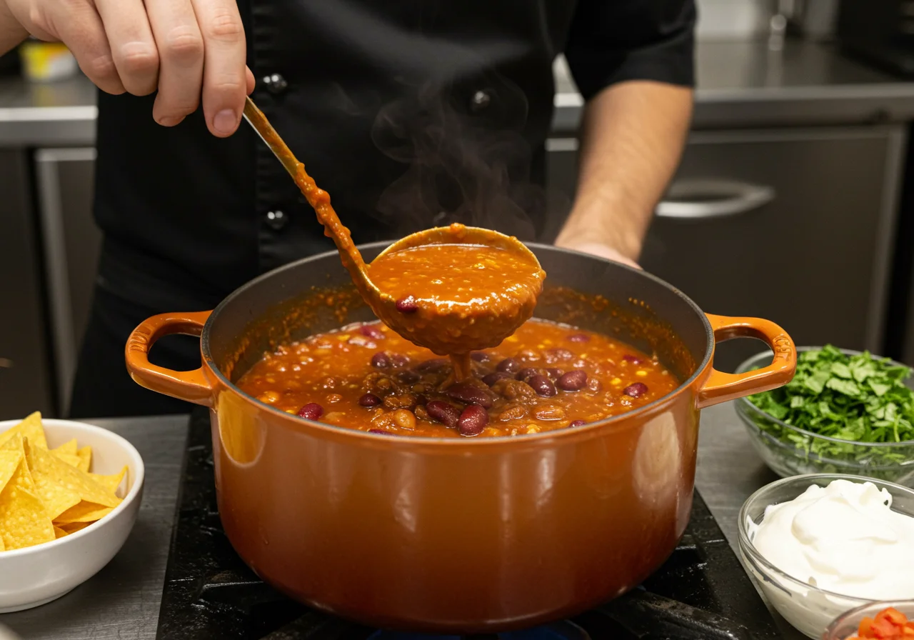 Stirring aromatic chili in the pot for Marvel Daredevil's Hell's Kitchen Spicy Chili, preparing for the final presentation.