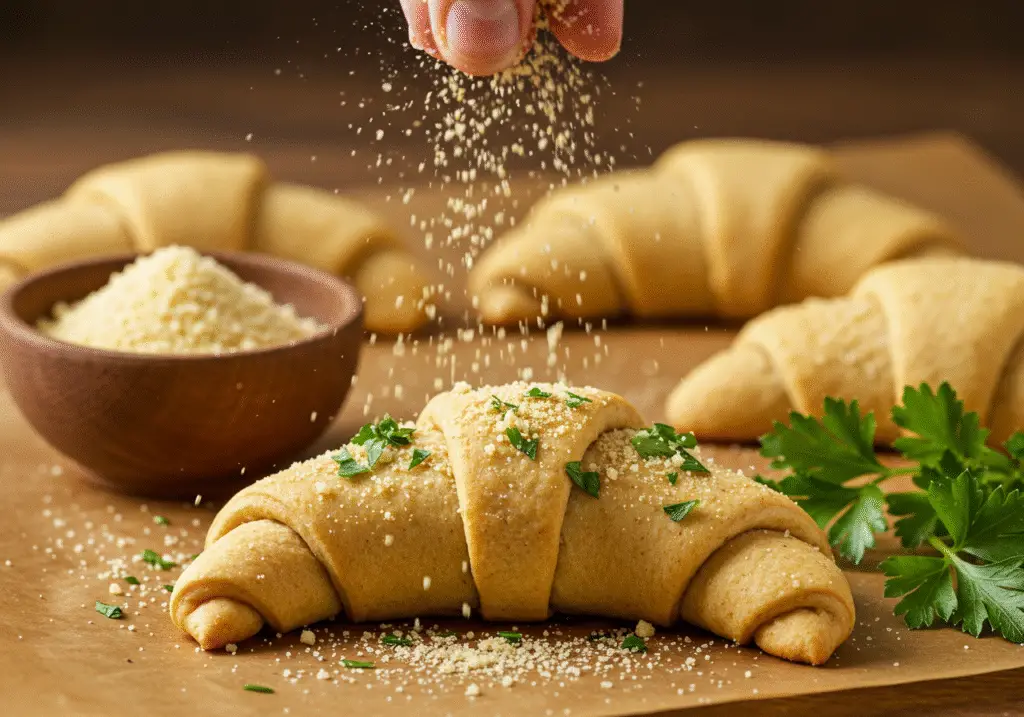 Sprinkling garlic powder and parsley on crescent dough for Marvel Moon Knight's Khonshu Crescent Rolls to add flavor.