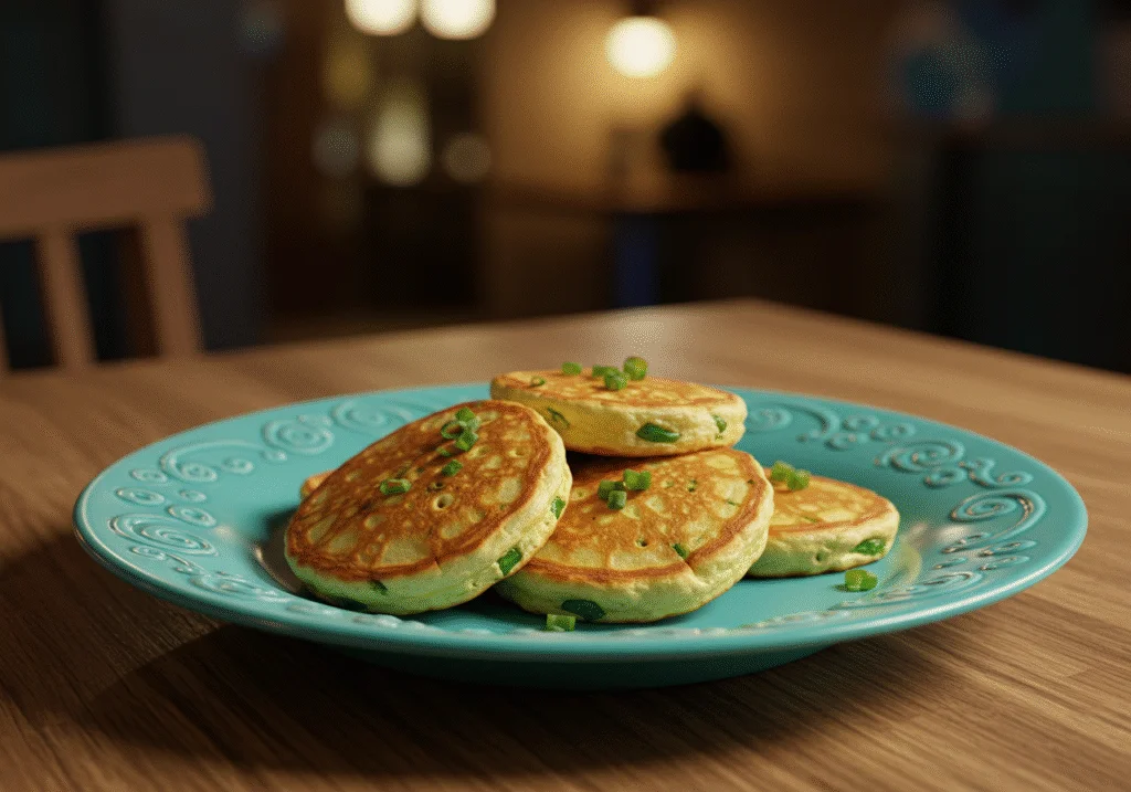 Final presentation of Monsters, Inc. Sulley's Scarer Scallion Pancakes on an elegant table, showcasing the delicious dish prepared.