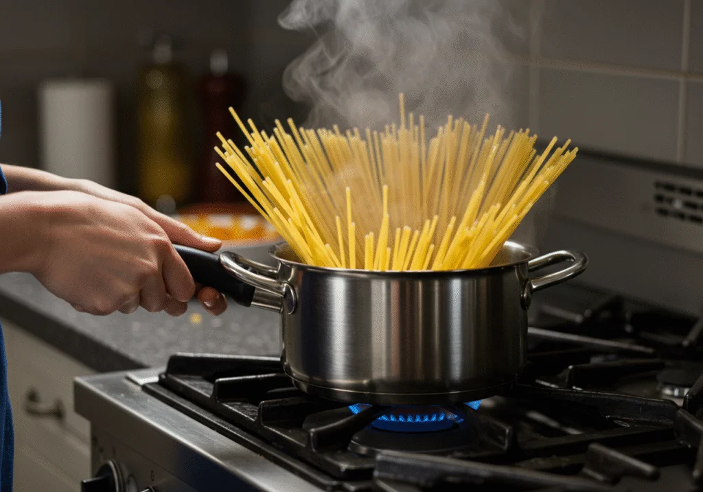 Boiling spaghetti for Puss in Boots Salma Hayek's Kitty Softpaws' Perfect Pasta Primavera in a pot, highlighting the cooking process and steam rising.