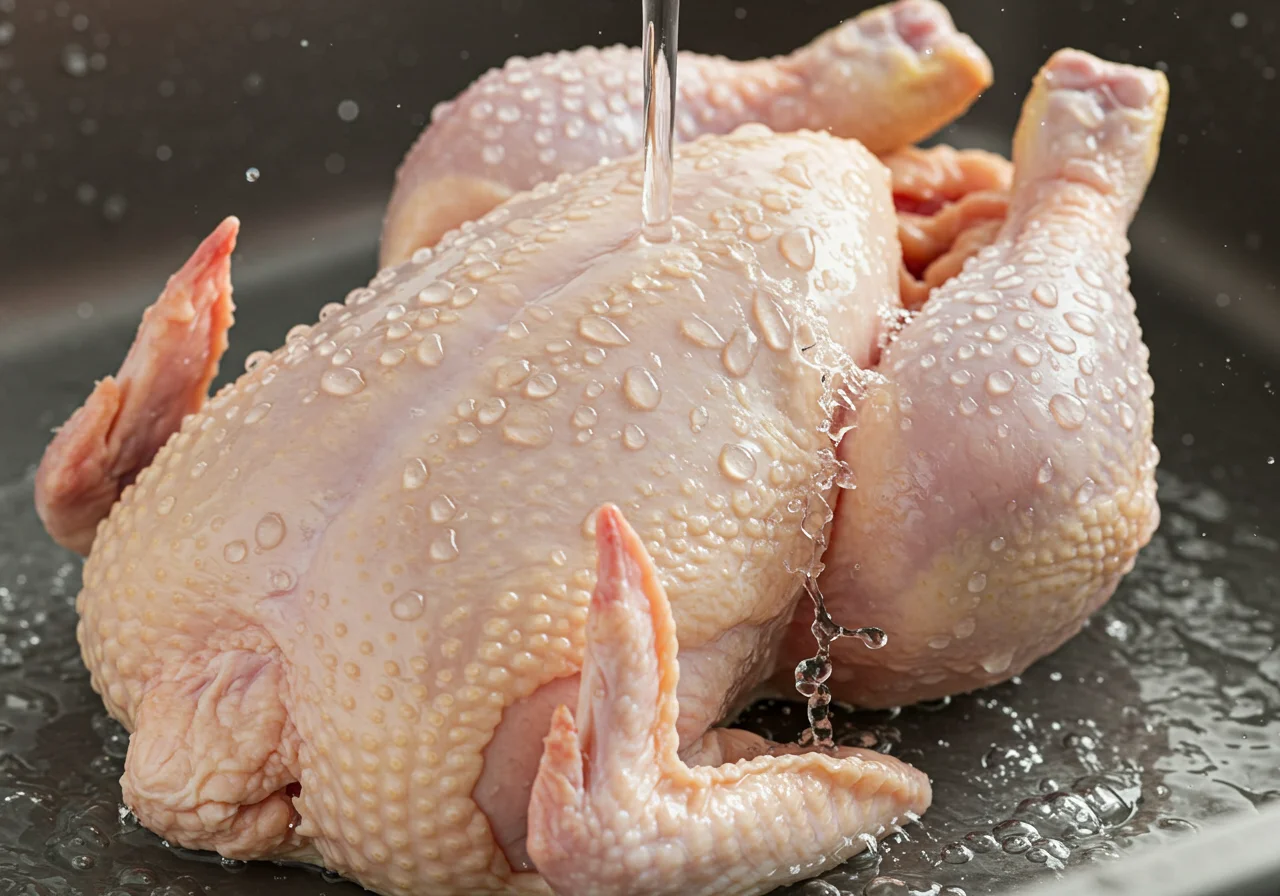 Fresh whole chicken being rinsed in preparation for Silver Linings Playbook Jennifer Lawrence's Tiffany's Comfort Chicken recipe, featuring kitchen herbs and lemon.
