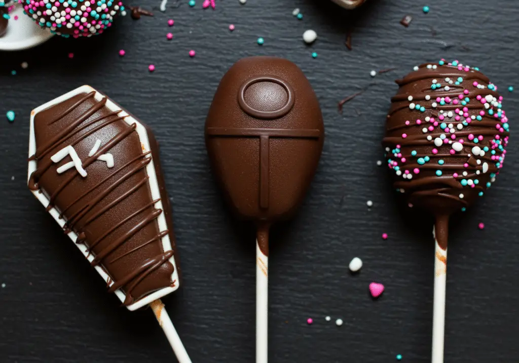 Decorating the coffin-shaped cake pops with chocolate and sprinkles, creating delightful Squid Game Coffin Coffin Cake Pops ready for display.