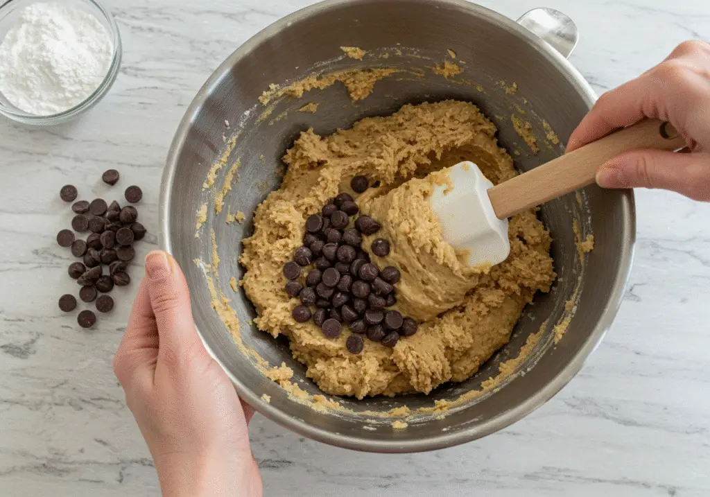 Mixing dough for The Chronicles of Narnia White Witch's Winter Wonder Cookies with chocolate chips in a cozy kitchen environment.