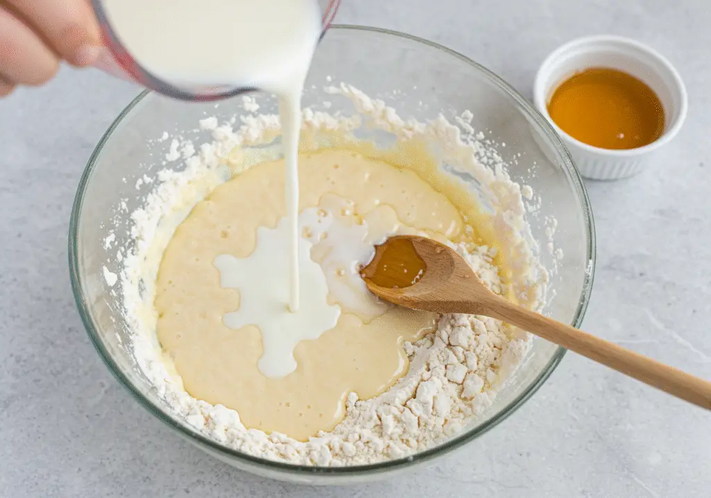 Mixing liquid ingredients into the flour mixture for Beorn's Honey Cakes, capturing the essence of baking.