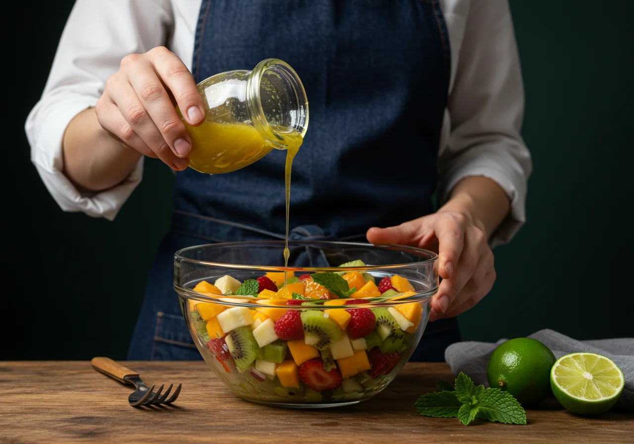 Chef drizzling citrus dressing over The Hobbit Desolation of Smaug Dragon Fruit Salad mixture, enhancing its fruity flavors.