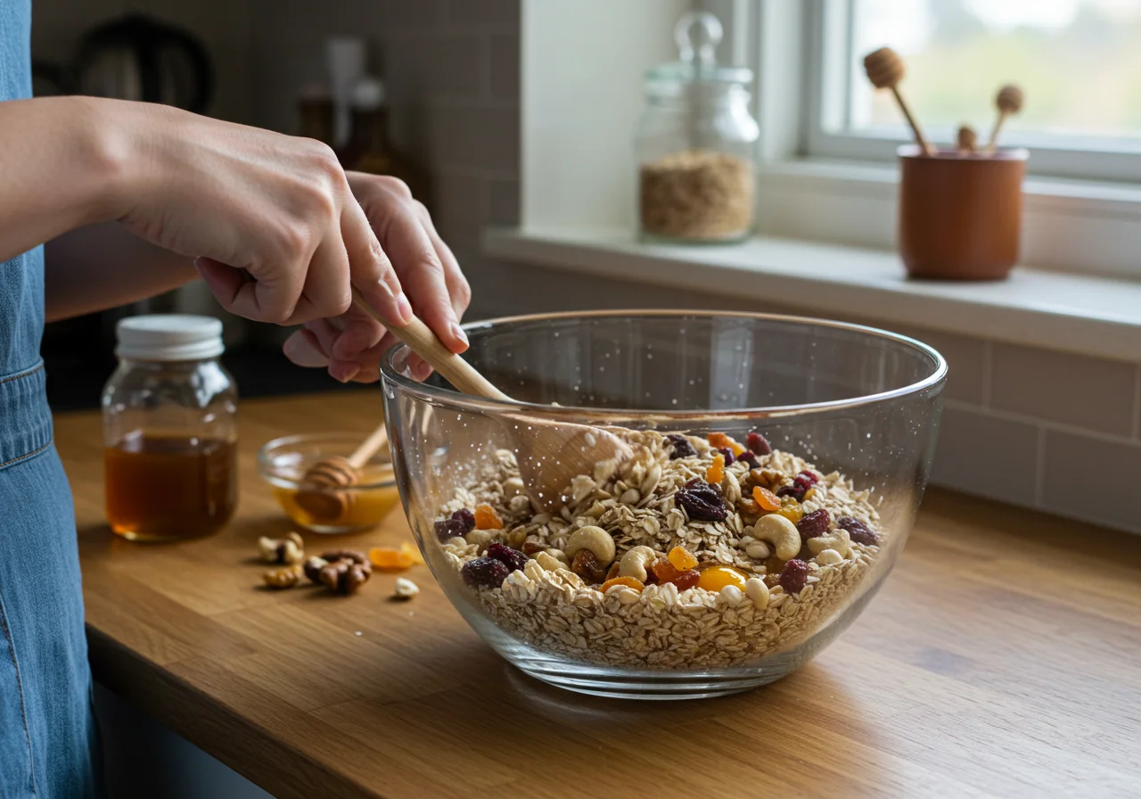 A cozy kitchen scene of mixing oats and nuts for The Lord of the Rings Gandalf's Grey Havens Granola, creating a delicious blend.