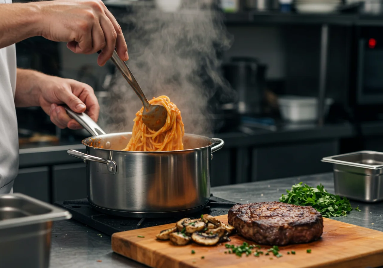 Stirring spaghetti and preparing for The Matrix Cypher's Steak Mushroom and Spaghetti, showcasing a delicious meal preparation.