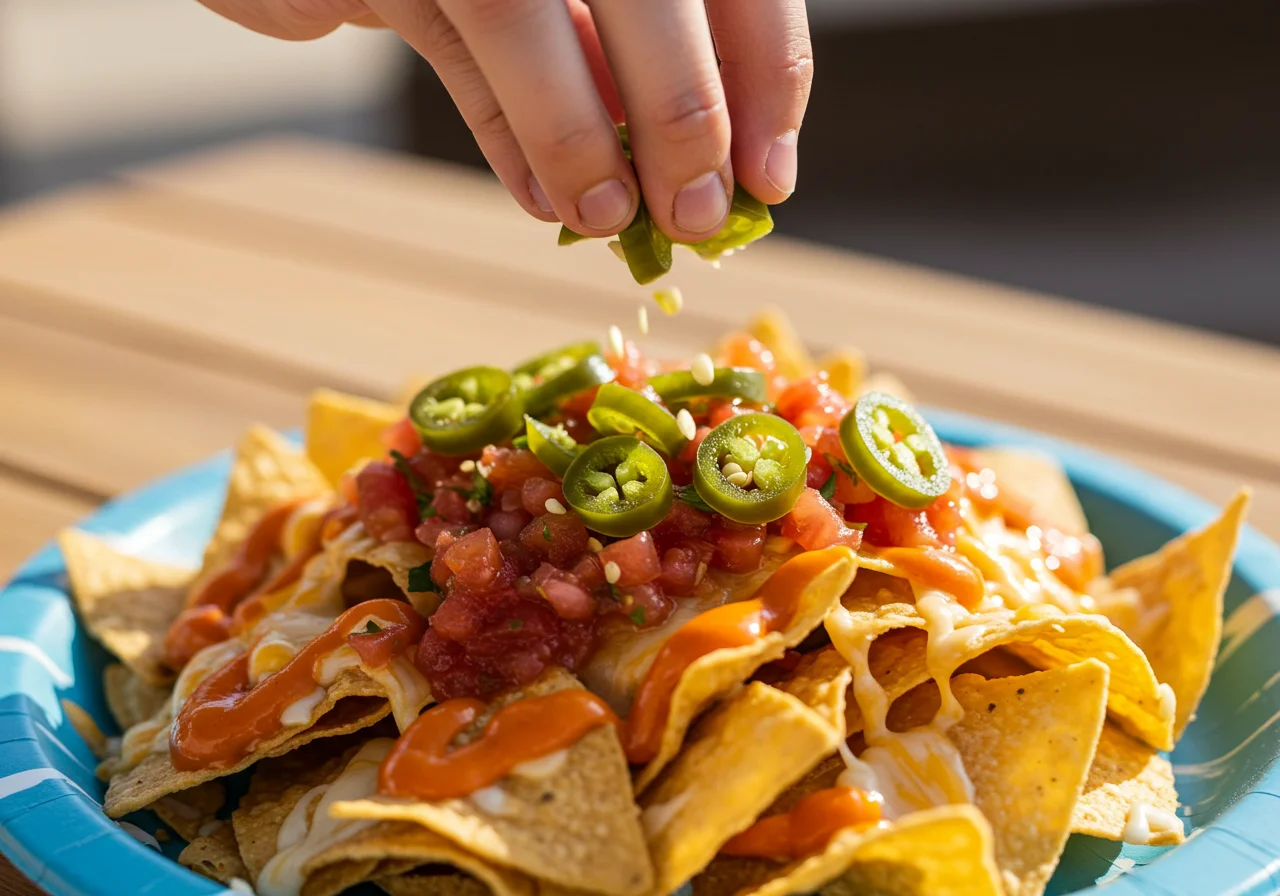 Final touches on Dunder Mifflin paper plate nachos with jalapenos and salsa for extra flavor.