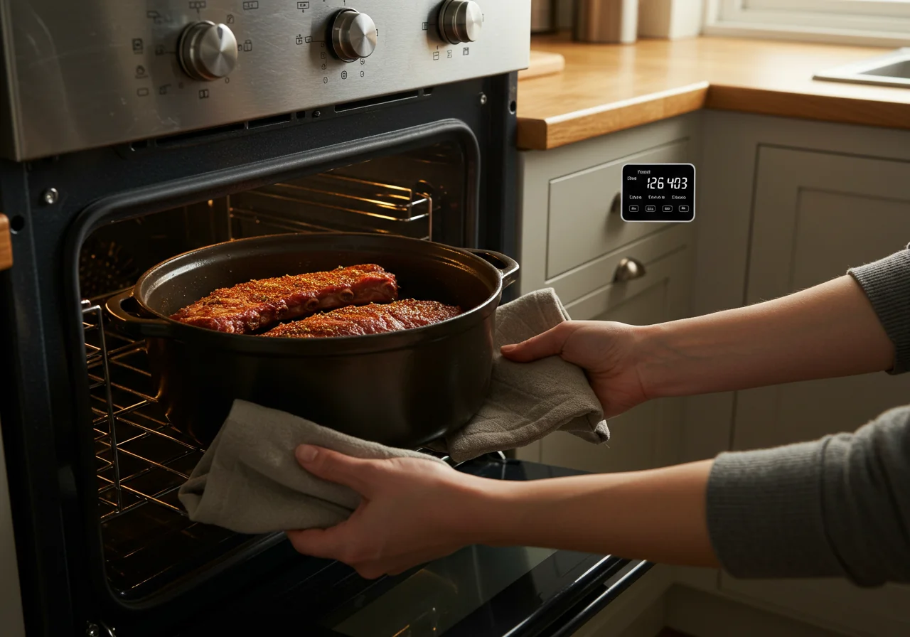 Slow-cooking short ribs in the oven for The Simpsons Duff Beer-Braised non-alcoholic Short Ribs, allowing the flavors to meld perfectly.