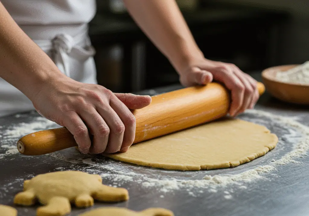 A chef preparing green dough for Toy Story Rex's Roaring Reptile Rolls, emphasizing the fun and playful nature of cooking.