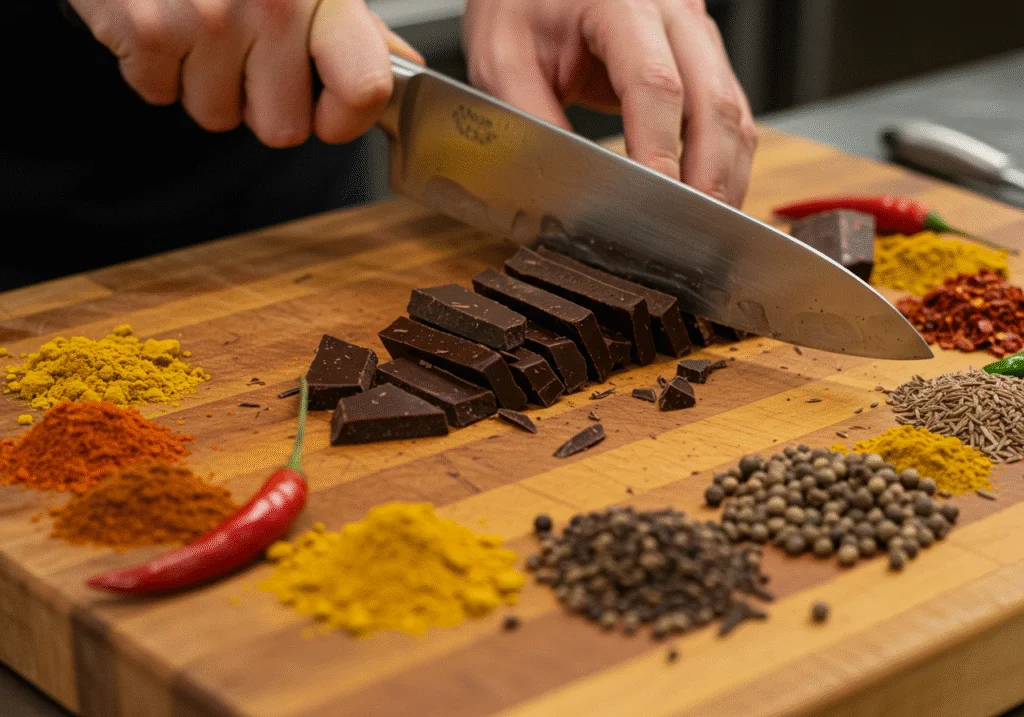 Chopping dark chocolate for Wonka's Timothée Chalamet Chocolate Chili, highlighting the rich flavors and fresh ingredients.