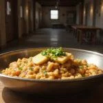 A plate of hearty Colossal Titan Colcannon placed on a wooden table, with walls and military banners from Attack on Titan in the background, highlighting an anime-inspired fantasy setting. The dish is topped with melted butter and sprinkled with green onions for a rustic look.