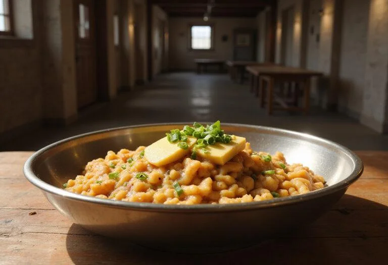 A plate of hearty Colossal Titan Colcannon placed on a wooden table, with walls and military banners from Attack on Titan in the background, highlighting an anime-inspired fantasy setting. The dish is topped with melted butter and sprinkled with green onions for a rustic look.