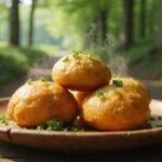 Close-up of golden, crispy Sasha's Potato Puffs on a wooden plate in a forest setting inspired by Attack on Titan, with sunlight streaming through trees, highlighting their crunchy texture and homemade appearance.