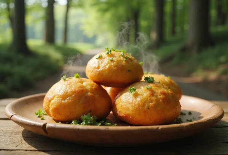 Close-up of golden, crispy Sasha's Potato Puffs on a wooden plate in a forest setting inspired by Attack on Titan, with sunlight streaming through trees, highlighting their crunchy texture and homemade appearance.