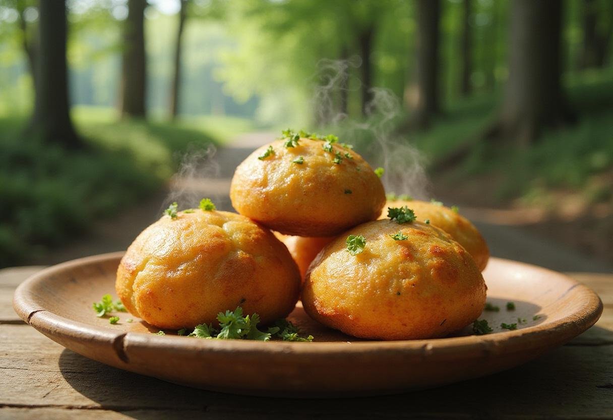 Close-up of golden, crispy Sasha's Potato Puffs on a wooden plate in a forest setting inspired by Attack on Titan, with sunlight streaming through trees, highlighting their crunchy texture and homemade appearance.