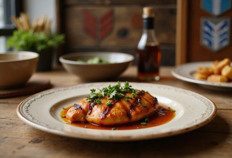 Close-up of the spicy chicken dish from Attack on Titan, featuring a juicy grilled chicken breast with bold spices and herbs, plated with themed accessories and insignia from the Survey Corps, set in a military-style setting with wooden crates and gear in the background.