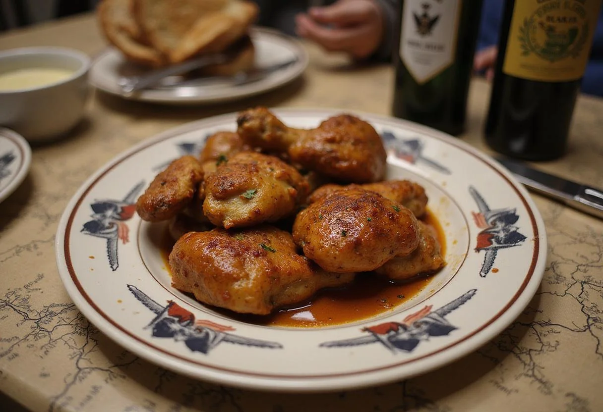 The finished Survey Corps Spiced Chicken served on a themed table adorned with tactical maps, Survey Corps banners, and costume armor pieces, capturing a moment of soldier-life readiness in the world of Attack on Titan.
