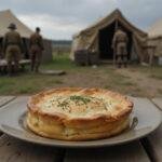 A close-up of a Wall Maria Meat Pie placed on a wooden table in an Attack on Titan-inspired camp. The pie looks hearty and freshly baked, with steam rising slightly, surrounded by military gear and maps, emphasizing a sense of survival and resilience in the anime's world.