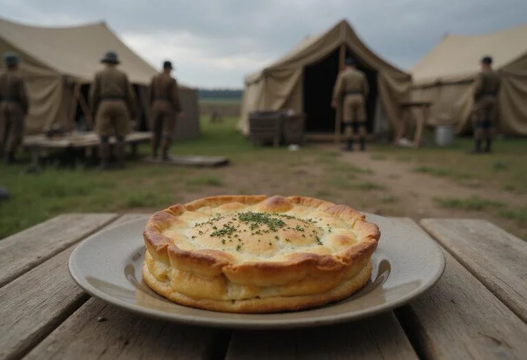 A close-up of a Wall Maria Meat Pie placed on a wooden table in an Attack on Titan-inspired camp. The pie looks hearty and freshly baked, with steam rising slightly, surrounded by military gear and maps, emphasizing a sense of survival and resilience in the anime's world.