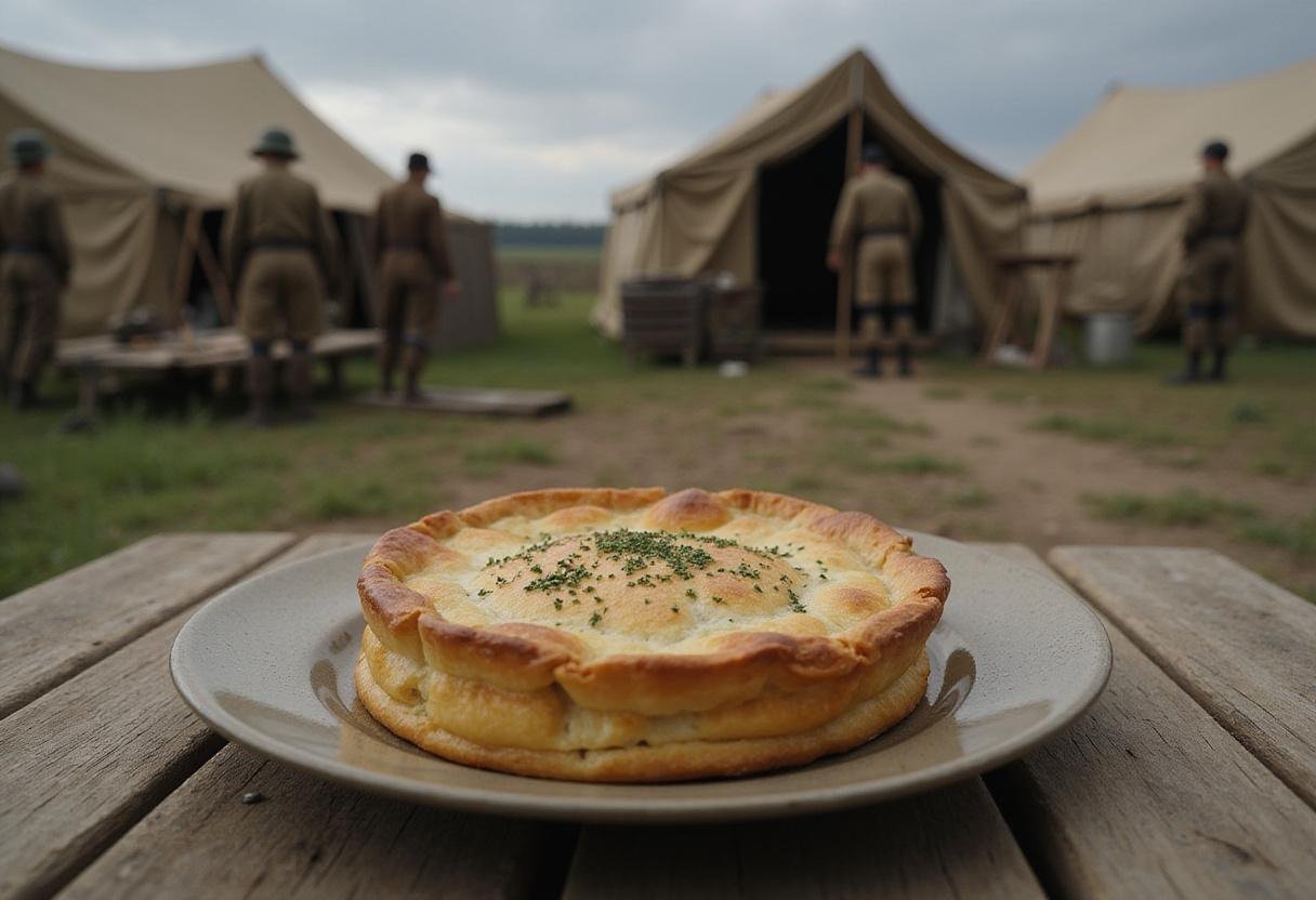 A close-up of a Wall Maria Meat Pie placed on a wooden table in an Attack on Titan-inspired camp. The pie looks hearty and freshly baked, with steam rising slightly, surrounded by military gear and maps, emphasizing a sense of survival and resilience in the anime's world.