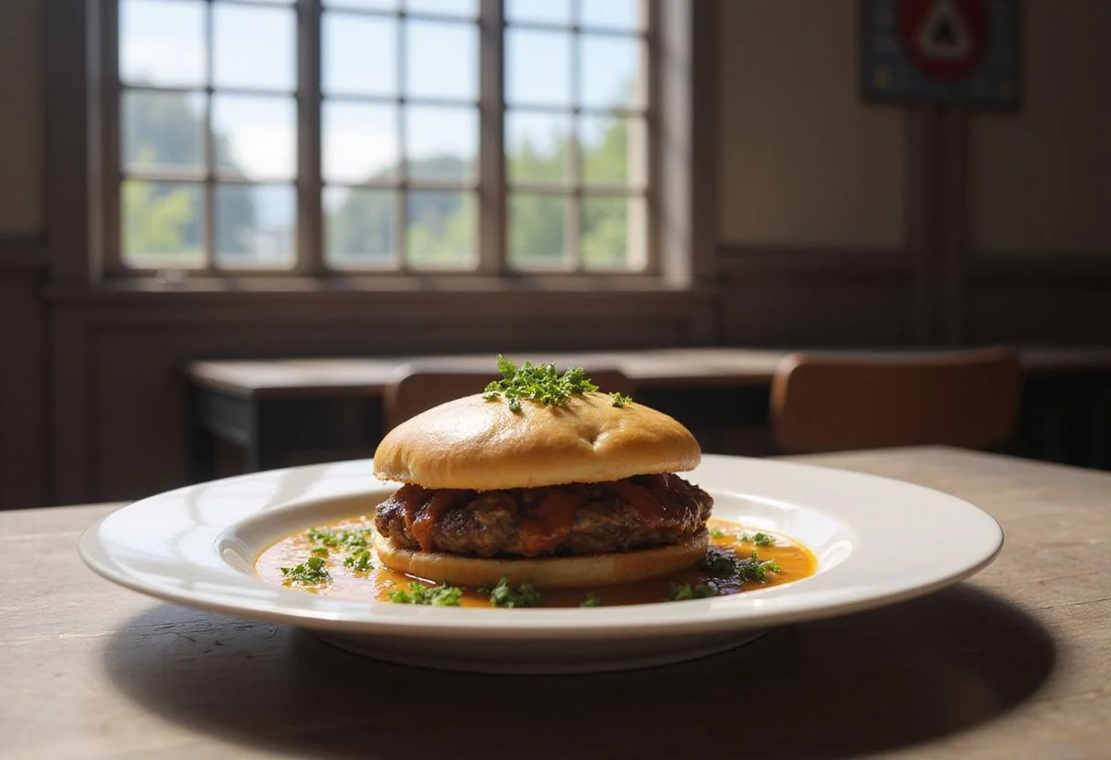 A detailed image of a Wall Maria Meat Pie on a plate, prepared as a hearty, comforting meal within the military headquarters. The scene includes elements like a plate of bread, a rugged table, and hints of the series' military environment, evoking the food culture of Attack on Titan.