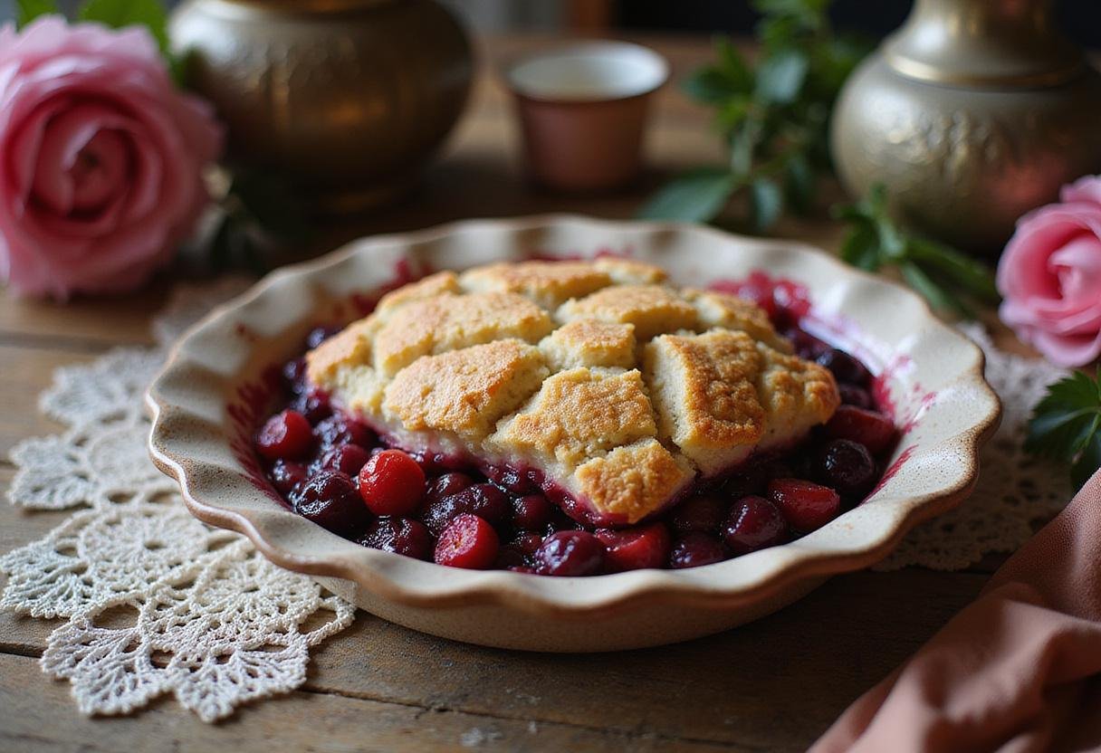 Close-up of Emma Watson's Belle's enchanted berry crumble in a rustic dish on a wooden table, decorated with vintage lace and floral elements, evoking the magical and cozy atmosphere of Beauty and the Beast. The golden crumble contrasts with the bright, colorful berry filling, creating an inviting dessert scene.