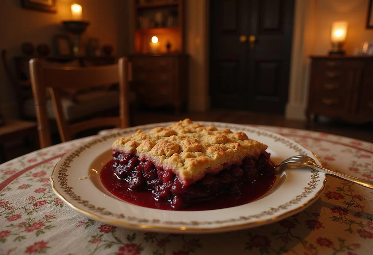 Scene of Emma Watson's Belle's enchanted berry crumble on a vintage dessert table in her cottage, illuminated by warm lighting with antique decor in the background. The crumble appears freshly baked and inviting, capturing a cozy, fairy tale atmosphere.