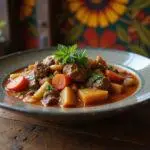A realistic image of Erik Killmonger's Spicy Wakandan Stew served in a bowl on a wooden table, surrounded by traditional African decorations and textiles, reflecting Wakandan culture and vibrant flavors.