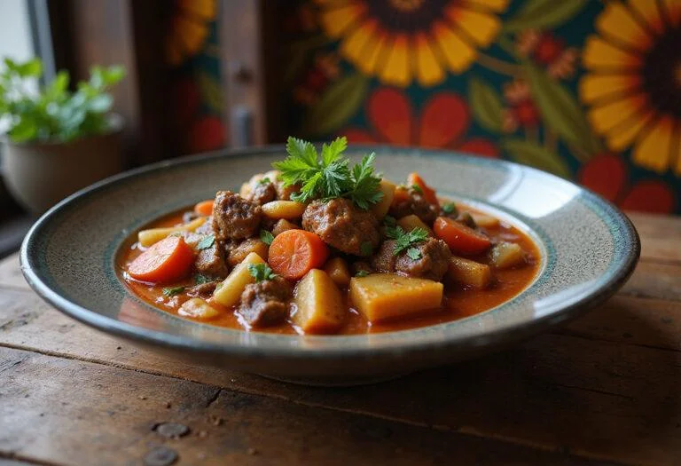 A realistic image of Erik Killmonger's Spicy Wakandan Stew served in a bowl on a wooden table, surrounded by traditional African decorations and textiles, reflecting Wakandan culture and vibrant flavors.