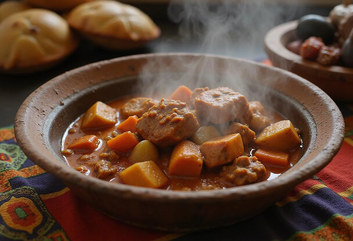 A detailed image of Killmonger’s Wakandan stew in a bowl on a table draped with traditional African fabrics, emphasizing the rich colors and cultural setting of Wakandan food.