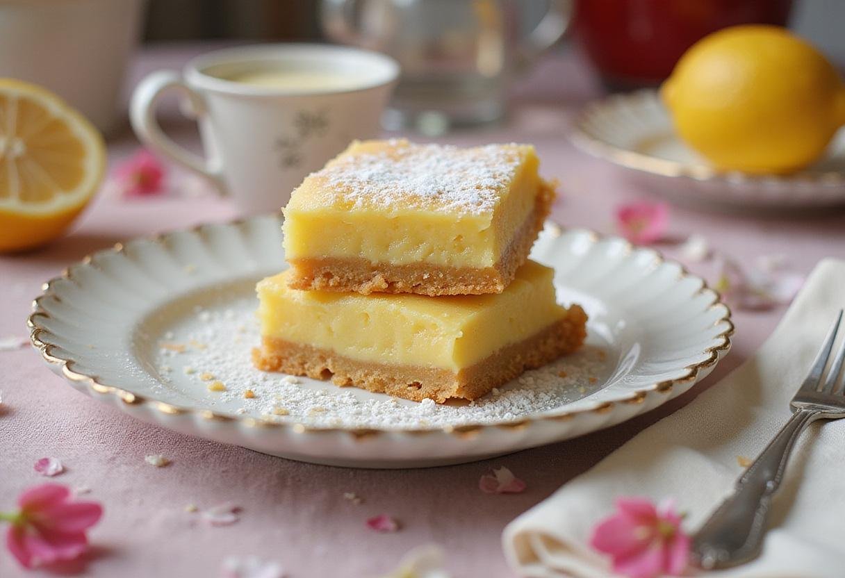 Marilyn Monroe lemon bars beautifully presented on a vintage plate in a vintage-style kitchen, featuring golden crust and bright lemon filling, with a touch of powdered sugar, capturing the Hollywood glamour inspired by Ana de Armas's portrayal of Marilyn Monroe.