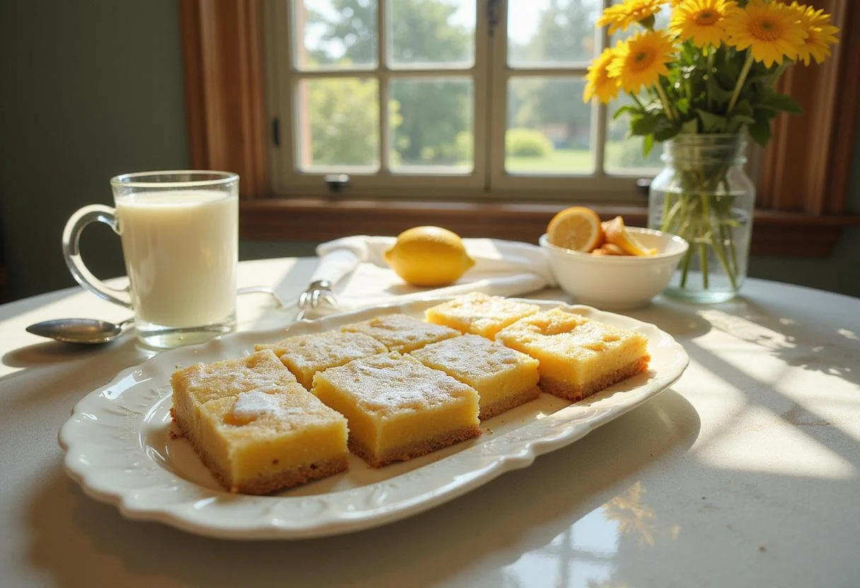 Scene of Marilyn Monroe lemon bars on a vintage breakfast table with sunlight streaming in, showcasing sliced lemon bars with powdered sugar, capturing a nostalgic, movie-inspired setting reminiscent of Hollywood glamour and classic desserts.